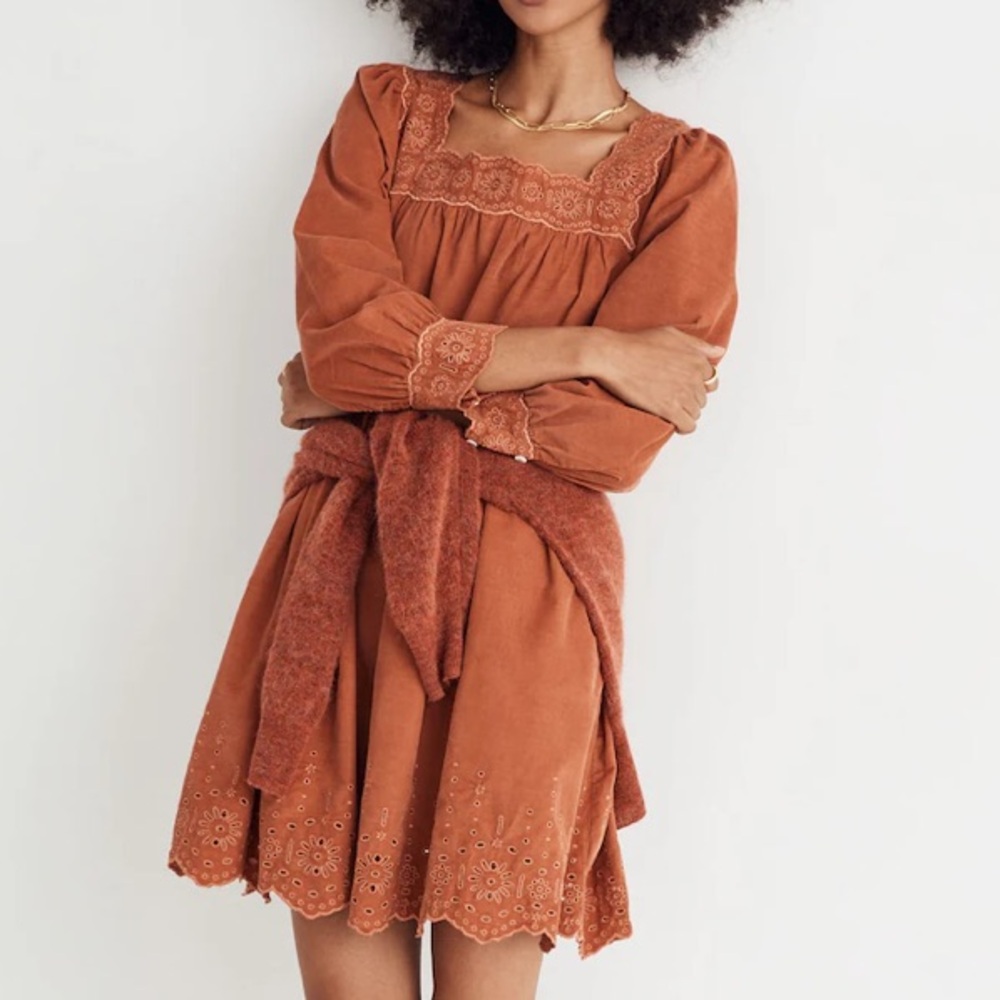 NWT Madewell Petite Embroidered Corduroy Square-Neck Mini Dress size PL